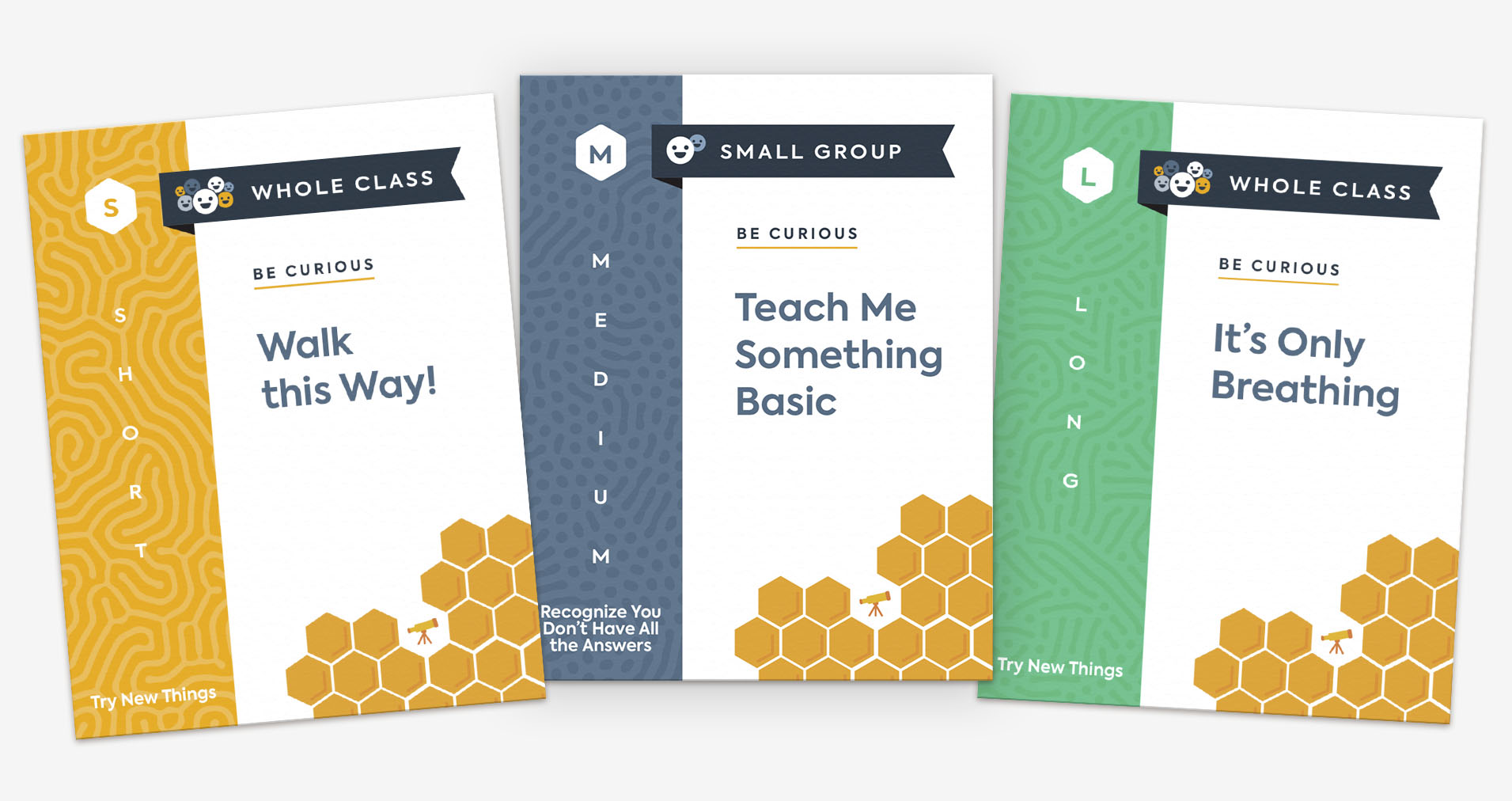Three practice cards, titled "Walk this Way!," "Teach Me Something Basic," and "It's Only Breathing."