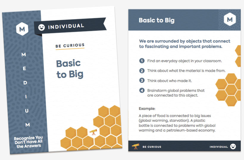 A screenshot of the front and back of the card Basic to Big. The card is categorized as a medium, individual activity where students are encouraged to recognize they don't have all the answers.