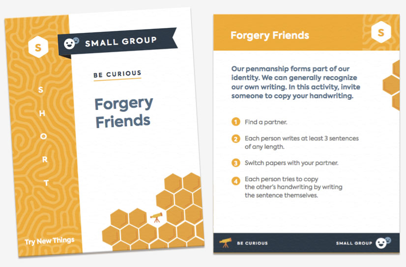 The front and back of the card "Forgery Friends." The card is categorized as a short, small group activity and encourages students to try new things.