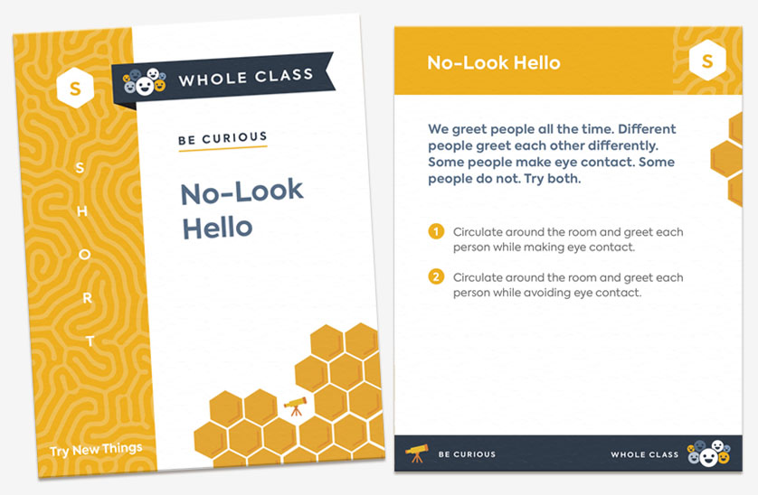 The front and back of the card “No-Look Hello." The card is categorized as a short, whole-class activity and encourages students to try new things.