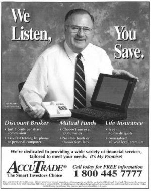 AccuTrade ad featuring Joe Ricketts, who revolutionized the industry by empowering individuals.