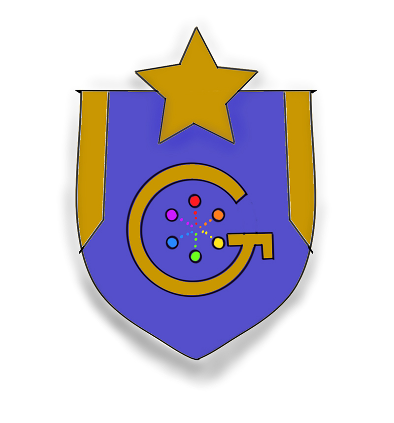 A hand-drawn badge is in a bright purple shield shape, with a gold star at the top, a stylized G in the center, and a spectrum of colorful circles within the letter G.