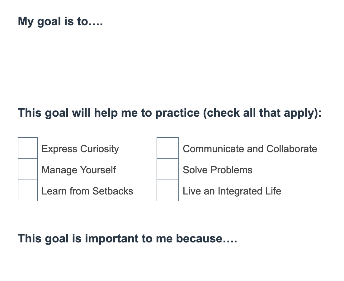 A screenshot of a goal-setting prompt worksheet asks participants to set a goal, identify which Essential Habit the goal will help them practice, and why the goal is personally important to them.