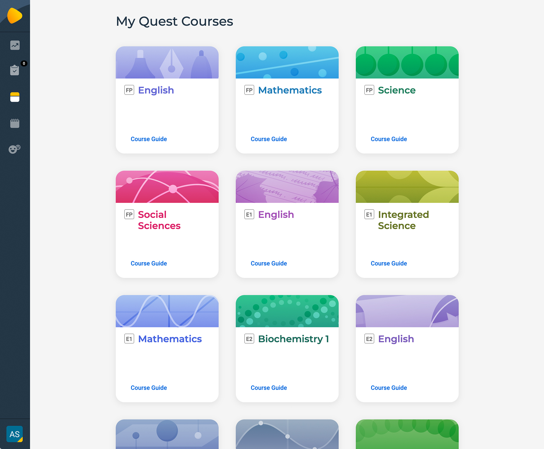 A screenshot from the Quest Forward LMS displays a sampling of courses offered in the Quest Forward curriculum.