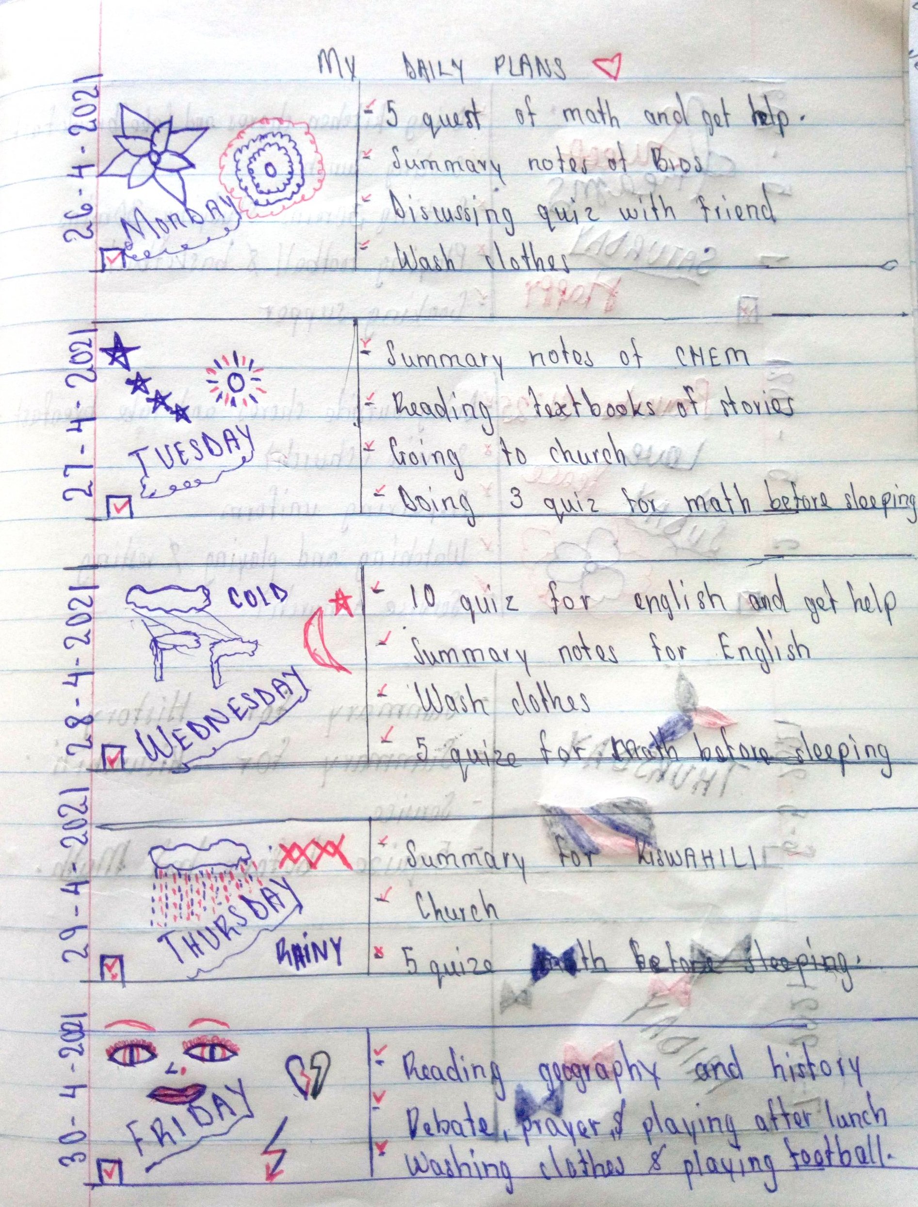 A notebook page displays a week's worth of goals handwritten by a student.