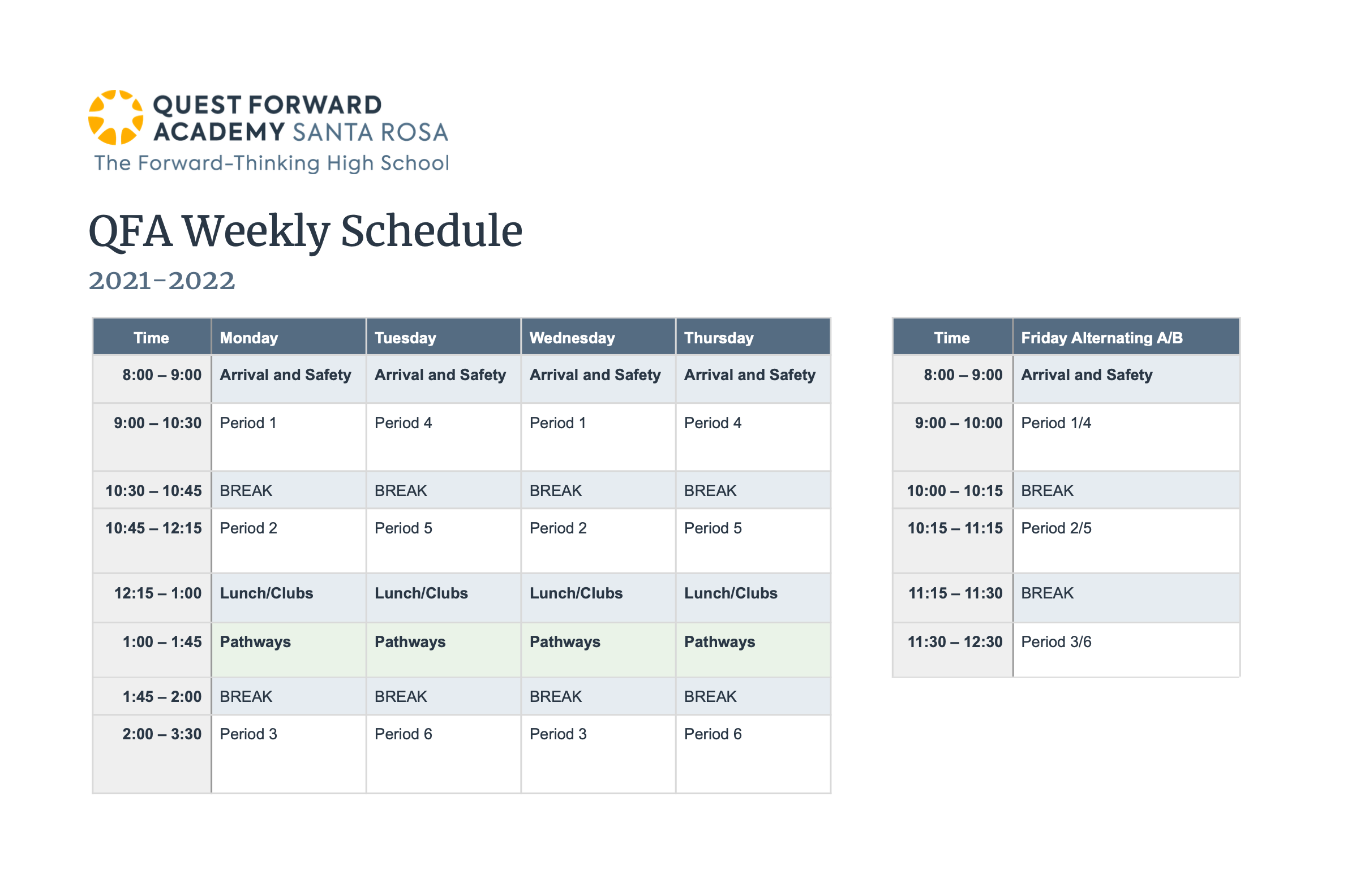 Weekly class schedule for Quest Forward Academy Santa Rosa