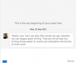 A mentor's chat message appears, providing a student with feedback about limiting adverbs in writing.