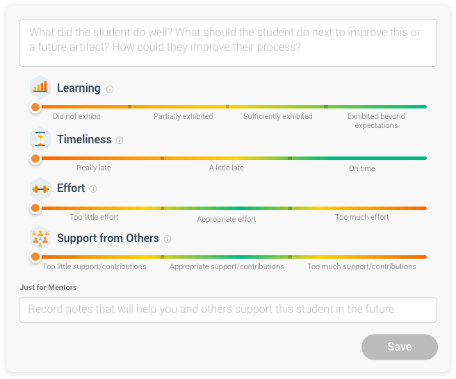 A screenshot displaying colorful sliders from "low" to "high" across several categories of artifact feedback, including learning, timeliness, effort, and support from others.