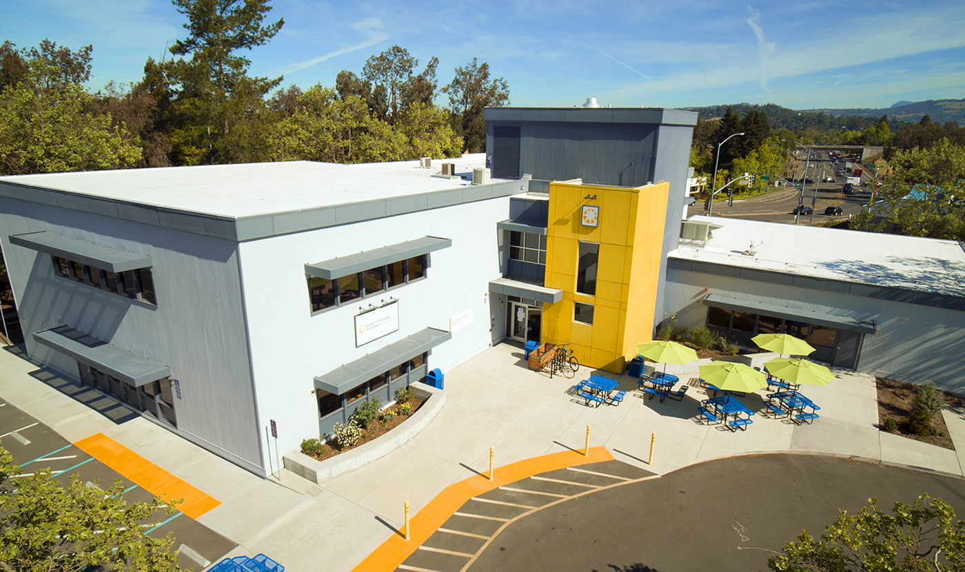 An aerial view of Quest Forward Academy Santa Rosa, among the sunny hills of Northern California