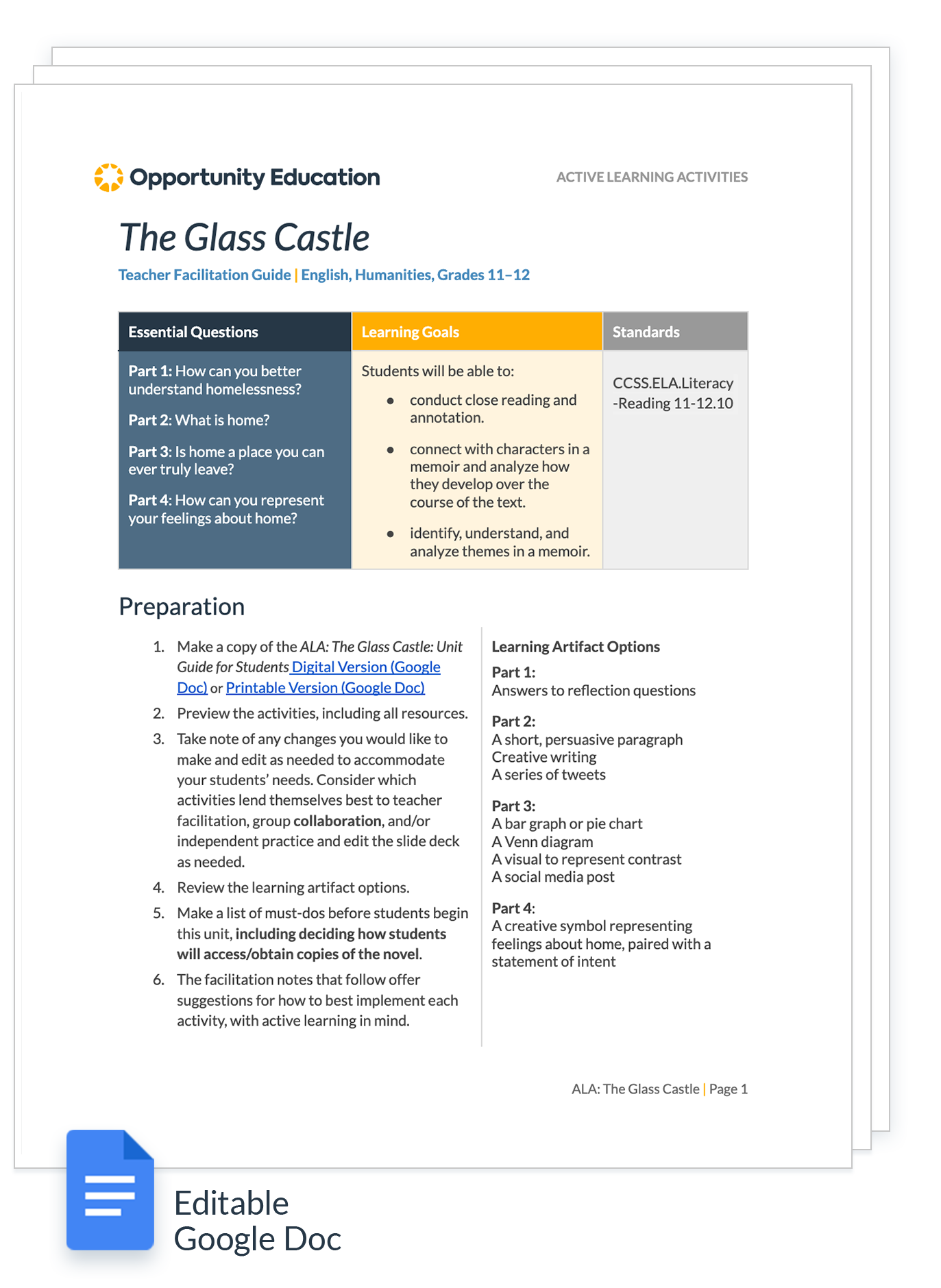 A preview of the Glass Castle teacher facilitation guide