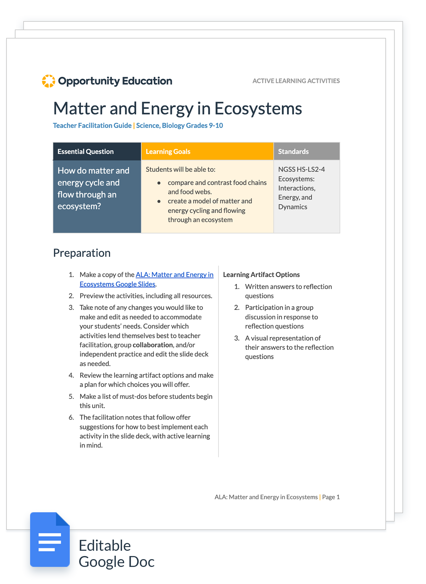 A preview of the teacher facilitation guide for "Matter and Energy in Ecosystems"
