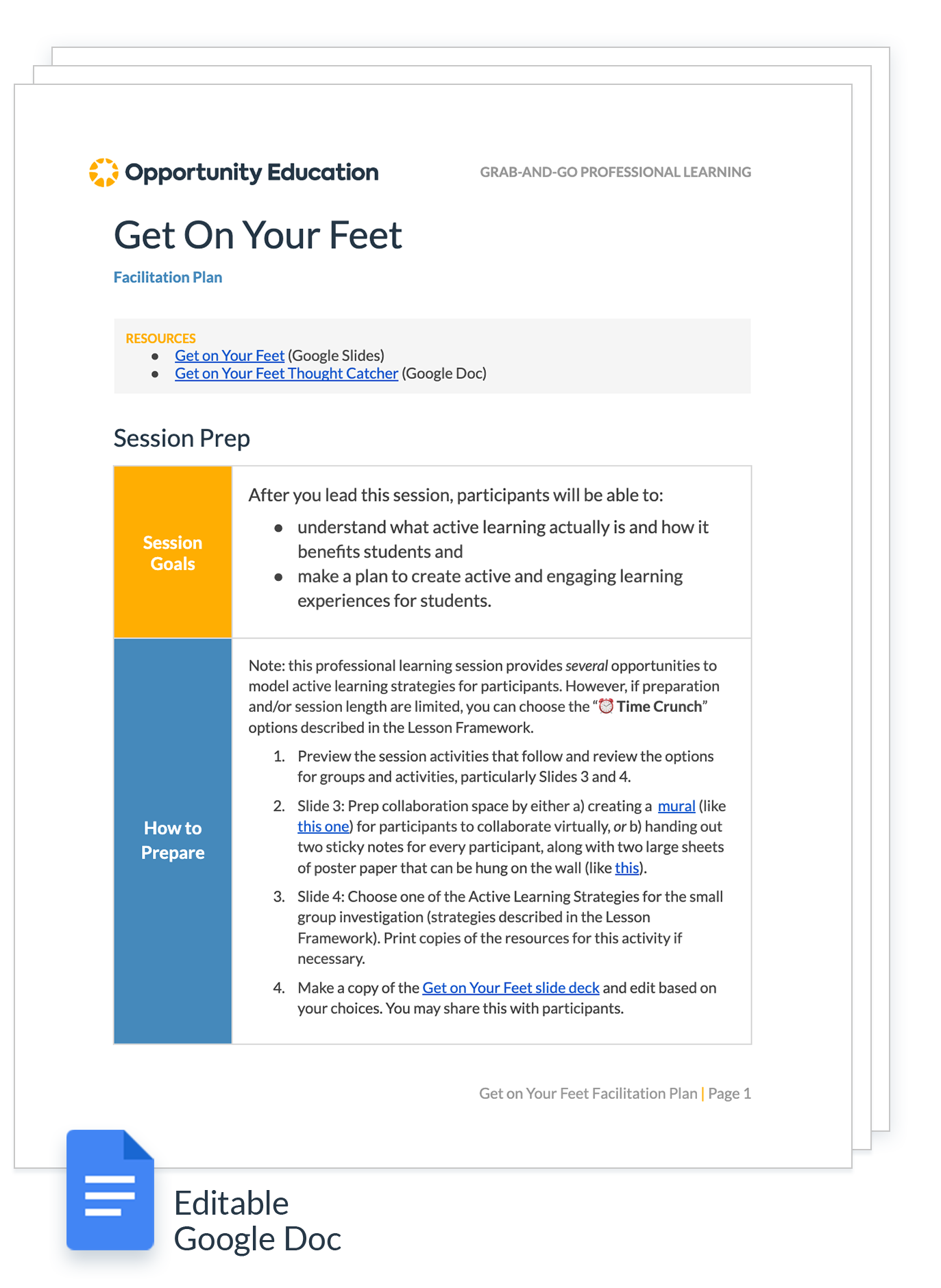 A preview of the teacher professional learning resource "Get on Your Feet" by Opportunity Education